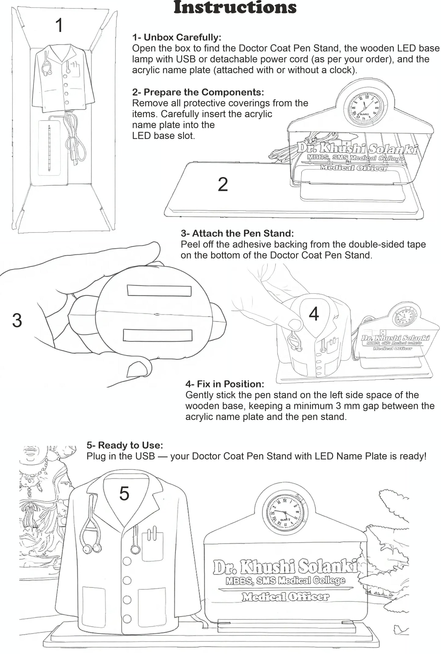 Doctor Coat Pen Stand with LED Name Plate, Wooden Base, Bamboo Pen & Personalized Wooden Keyring | Customized Desk Organizer for Doctors & Medical Aspirants | Apron Shape Pencil Holder
