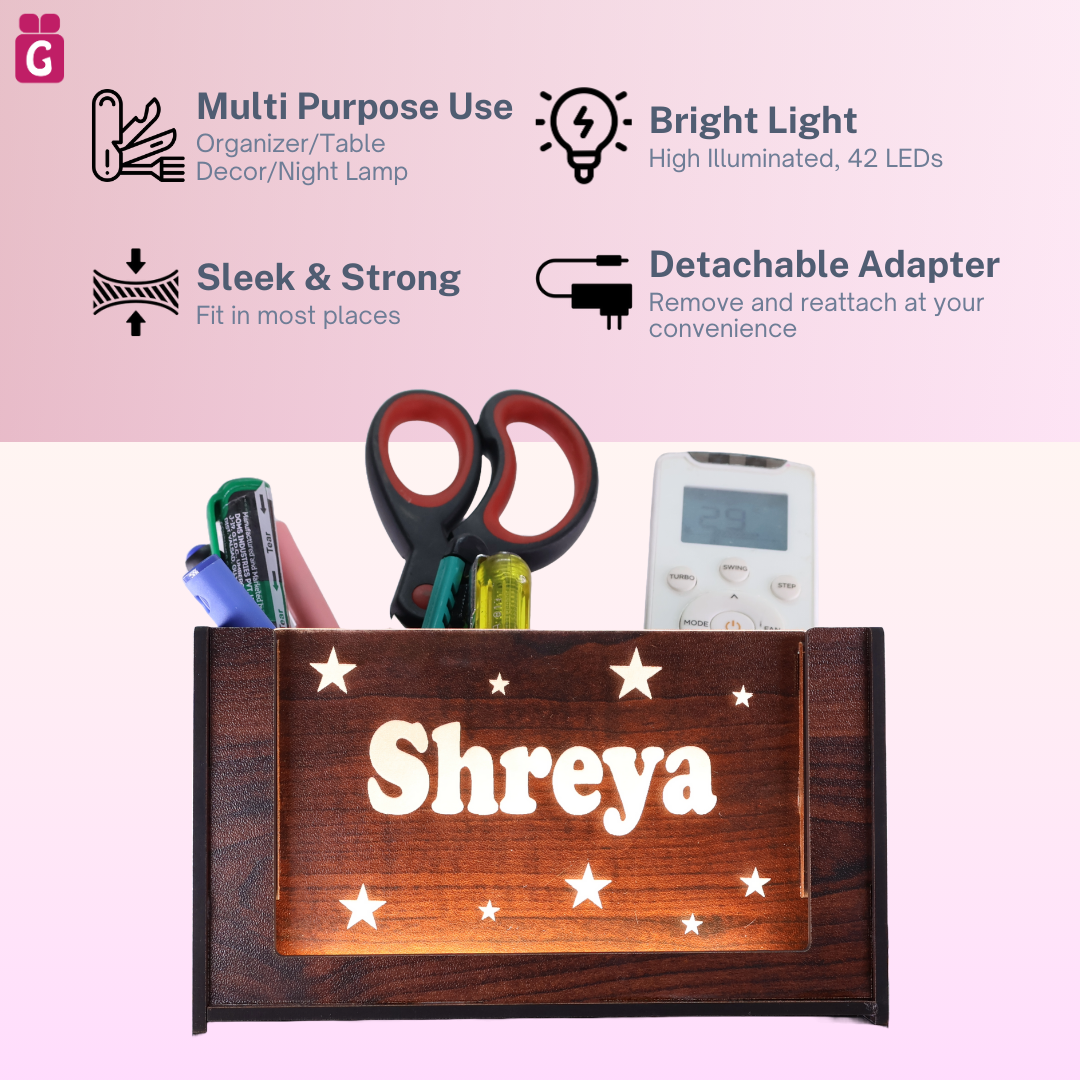 stylish wooden pen stand, pen holder, desk organiser for office & study table, personalised gift decor with LED name light, customised gifts for women, men, and girls. - 2Box