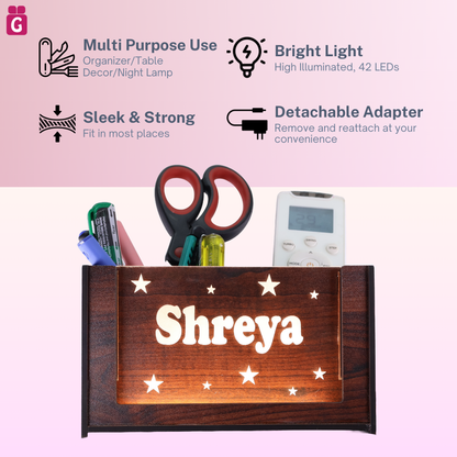 stylish wooden pen stand, pen holder, desk organiser for office & study table, personalised gift decor with LED name light, customised gifts for women, men, and girls. - 2Box