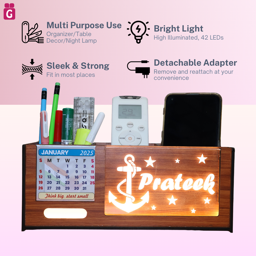 stylish wooden pen stand, pen holder, desk organiser for office/study table with calendar, personalised gift decor with LED name light, customised gifts for women, men, and girls.