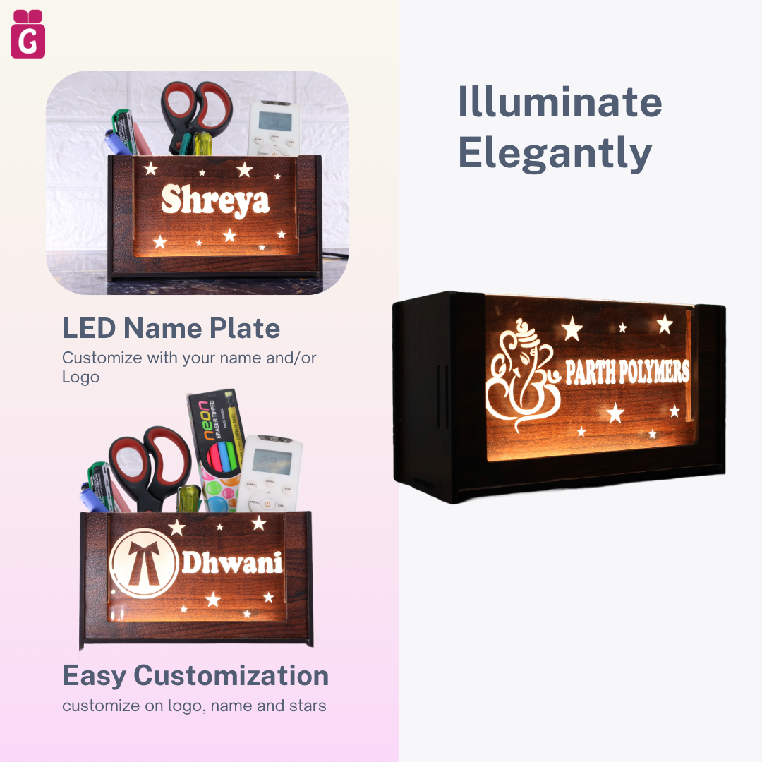 stylish wooden pen stand, pen holder, desk organiser for office & study table, personalised gift decor with LED name light, customised gifts for women, men, and girls. - 2Box