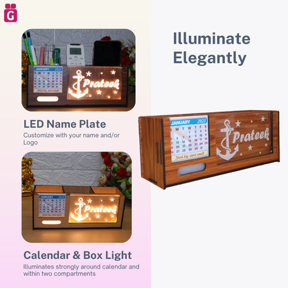 stylish wooden pen stand, pen holder, desk organiser for office/study table with calendar, personalised gift decor with LED name light, customised gifts for women, men, and girls.