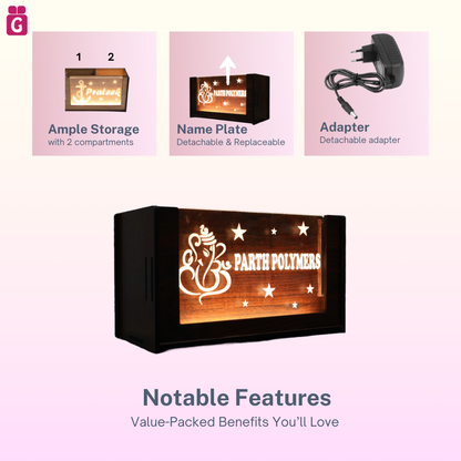stylish wooden pen stand, pen holder, desk organiser for office & study table, personalised gift decor with LED name light, customised gifts for women, men, and girls. - 2Box