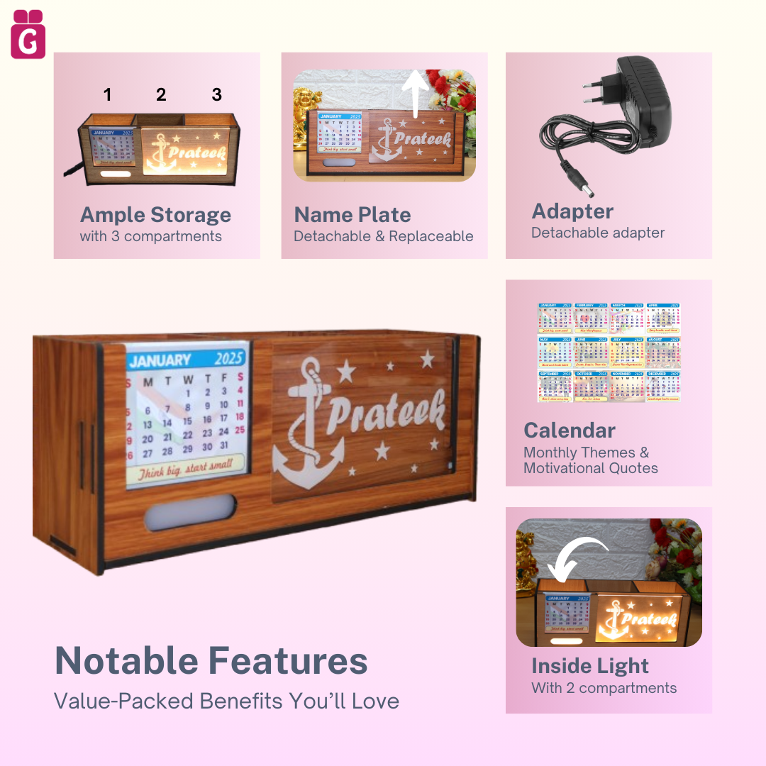 stylish wooden pen stand, pen holder, desk organiser for office/study table with calendar, personalised gift decor with LED name light, customised gifts for women, men, and girls.