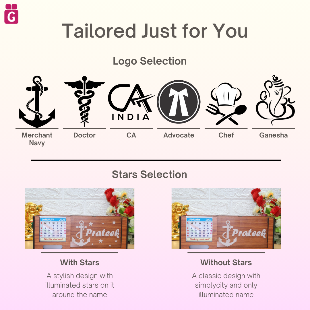 stylish wooden pen stand, pen holder, desk organiser for office/study table with calendar, personalised gift decor with LED name light, customised gifts for women, men, and girls.