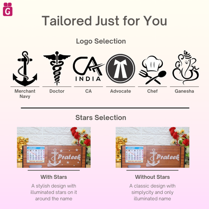 stylish wooden pen stand, pen holder, desk organiser for office/study table with calendar, personalised gift decor with LED name light, customised gifts for women, men, and girls.