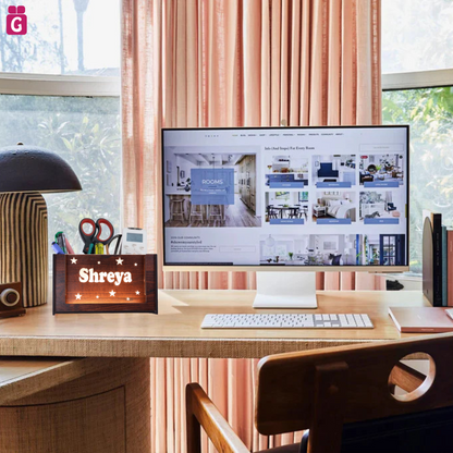 stylish wooden pen stand, pen holder, desk organiser for office & study table, personalised gift decor with LED name light, customised gifts for women, men, and girls. - 2Box