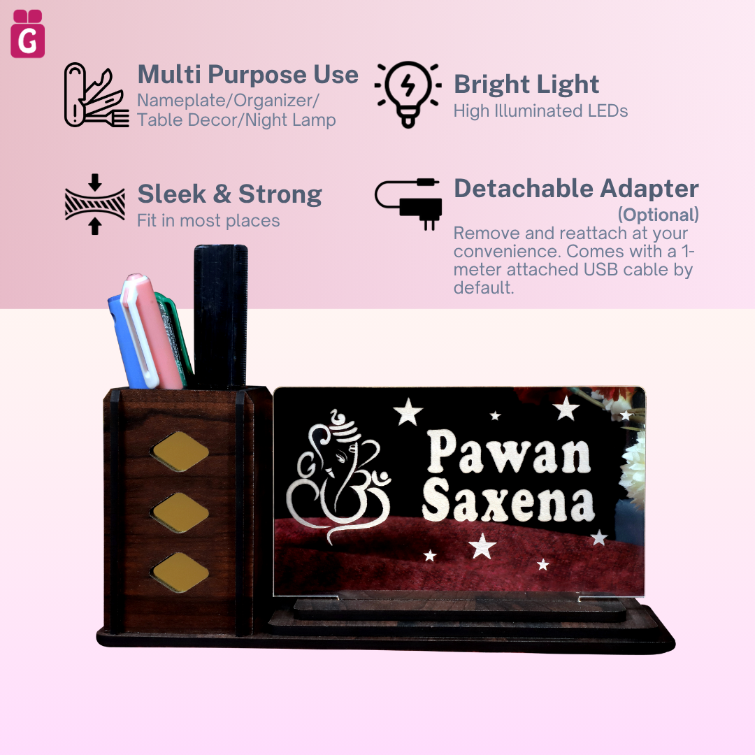 Desk Organizer with LED Name Lamp | Customized Gift for Men, Women, Teachers, Doctors, Dad, Husband | Pen Holder, Table Lamp | Personalized Birthday Gift | Office Organizer - Large Plate
