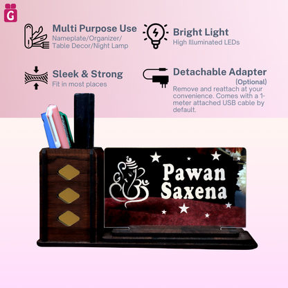 Desk Organizer with LED Name Lamp | Customized Gift for Men, Women, Teachers, Doctors, Dad, Husband | Pen Holder, Table Lamp | Personalized Birthday Gift | Office Organizer - Large Plate