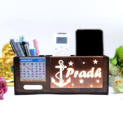 Personalized LED Name Desk Organizer with Pen Holder | Customized Wooden Nameplate Lamp Gift for Him, Her, Teachers & Doctors