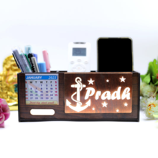 Desk Organizer with LED Name Lamp | Customized Gift for Men, Women, Teachers, Doctors, Dad, Husband | Pen Holder, Table Lamp | Personalized Birthday Gift | Office Organizer - Three Box