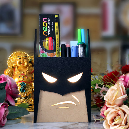 LED Glow Batman Pen Stand | Multipurpose Wooden Desk Organizer and Pencil Holder | Stationary, Remote & Brush Holder for Kids, Office & Study Table