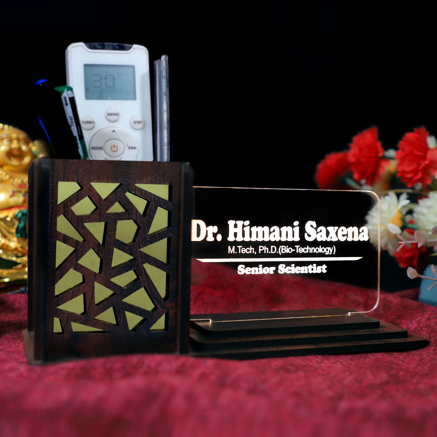 Desk Organizer with LED Name Lamp | Customized Gift for Men, Women, Teachers, Doctors, Dad, Husband | Pen Holder, Table Lamp | Personalized Birthday Gift | Office Organizer - Jali Box