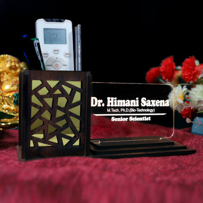 Desk Organizer with LED Name Lamp | Customized Gift for Men, Women, Teachers, Doctors, Dad, Husband | Pen Holder, Table Lamp | Personalized Birthday Gift | Office Organizer - Jali Box