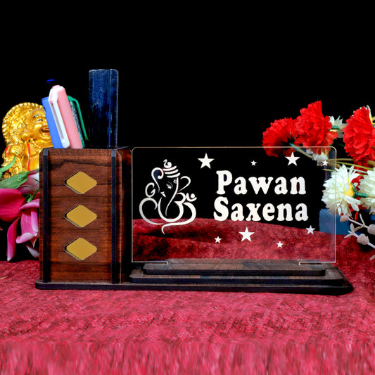 Desk Organizer with LED Name Lamp | Customized Gift for Men, Women, Teachers, Doctors, Dad, Husband | Pen Holder, Table Lamp | Personalized Birthday Gift | Office Organizer - Large Plate