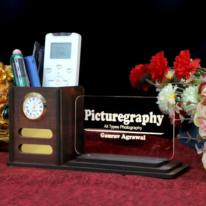 Desk Organizer with LED Name Lamp | Customized Gift for Men, Women, Teachers, Doctors, Dad, Husband | Pen Holder, Table Lamp | Personalized Birthday Gift | Office Organizer - With Watch