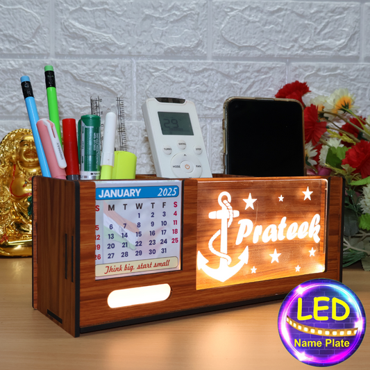 stylish wooden pen stand, pen holder, desk organiser for office/study table with calendar, personalised gift decor with LED name light, customised gifts for women, men, and girls.
