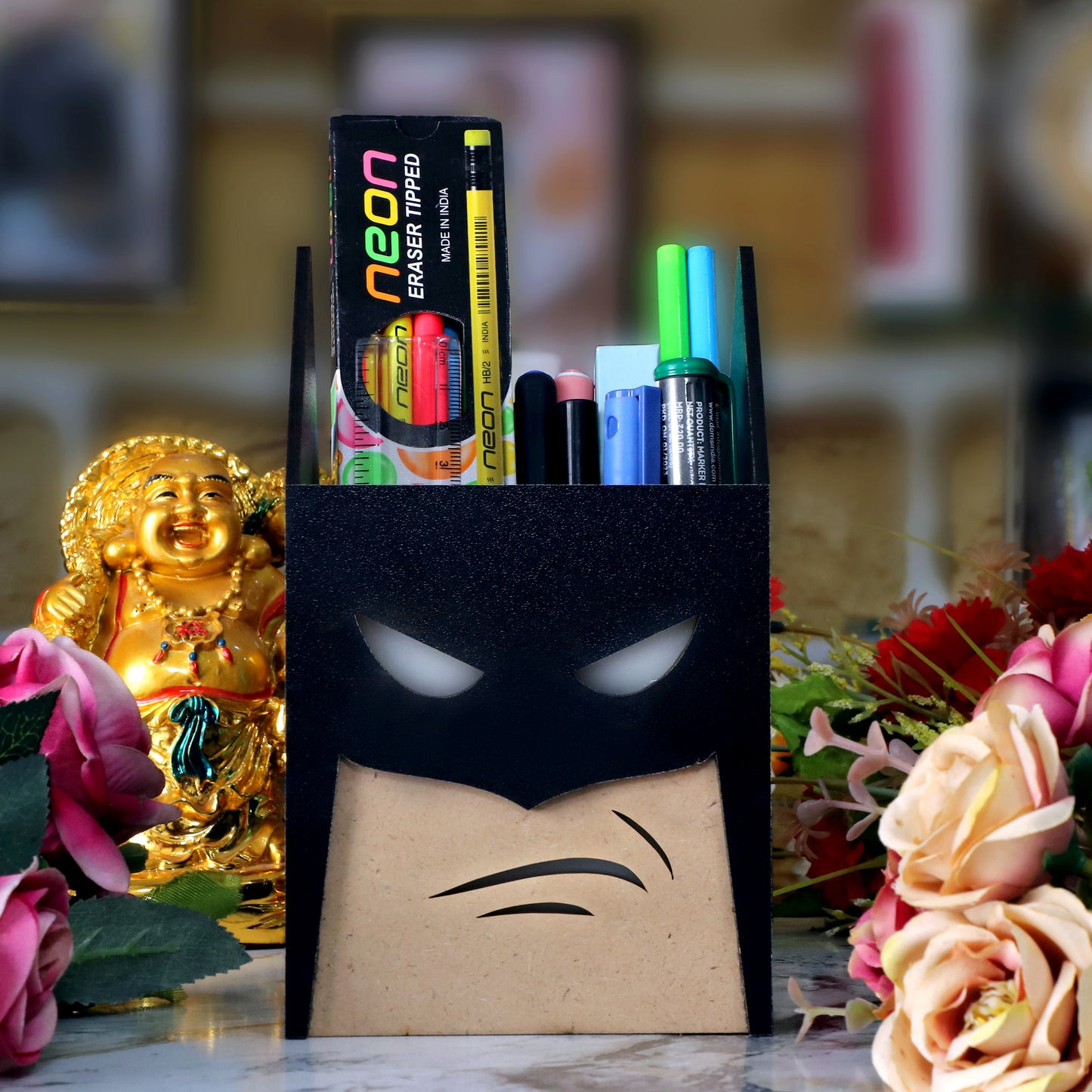 LED Glow Batman Pen Stand | Multipurpose Wooden Desk Organizer and Pencil Holder | Stationary, Remote & Brush Holder for Kids, Office & Study Table