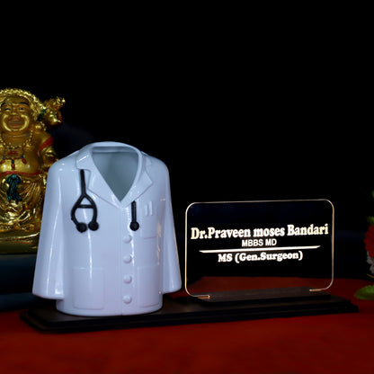 Doctor Coat Pen Stand with LED Name Plate, Wooden Base, Bamboo Pen & Personalized Wooden Keyring | Customized Desk Organizer for Doctors & Medical Aspirants | Apron Shape Pencil Holder