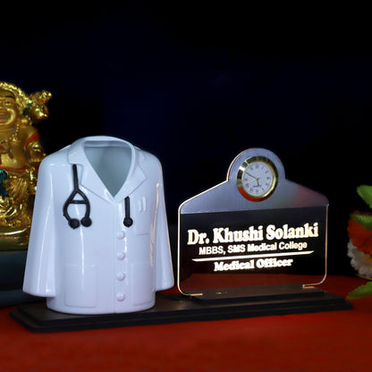 Doctor Coat Pen Stand with LED Name Plate, Clock & Wooden Base | Customized Desk Organizer for Doctors & Medical Aspirants | Apron Shape Pencil Holder with Stylish Name Engraved Plate