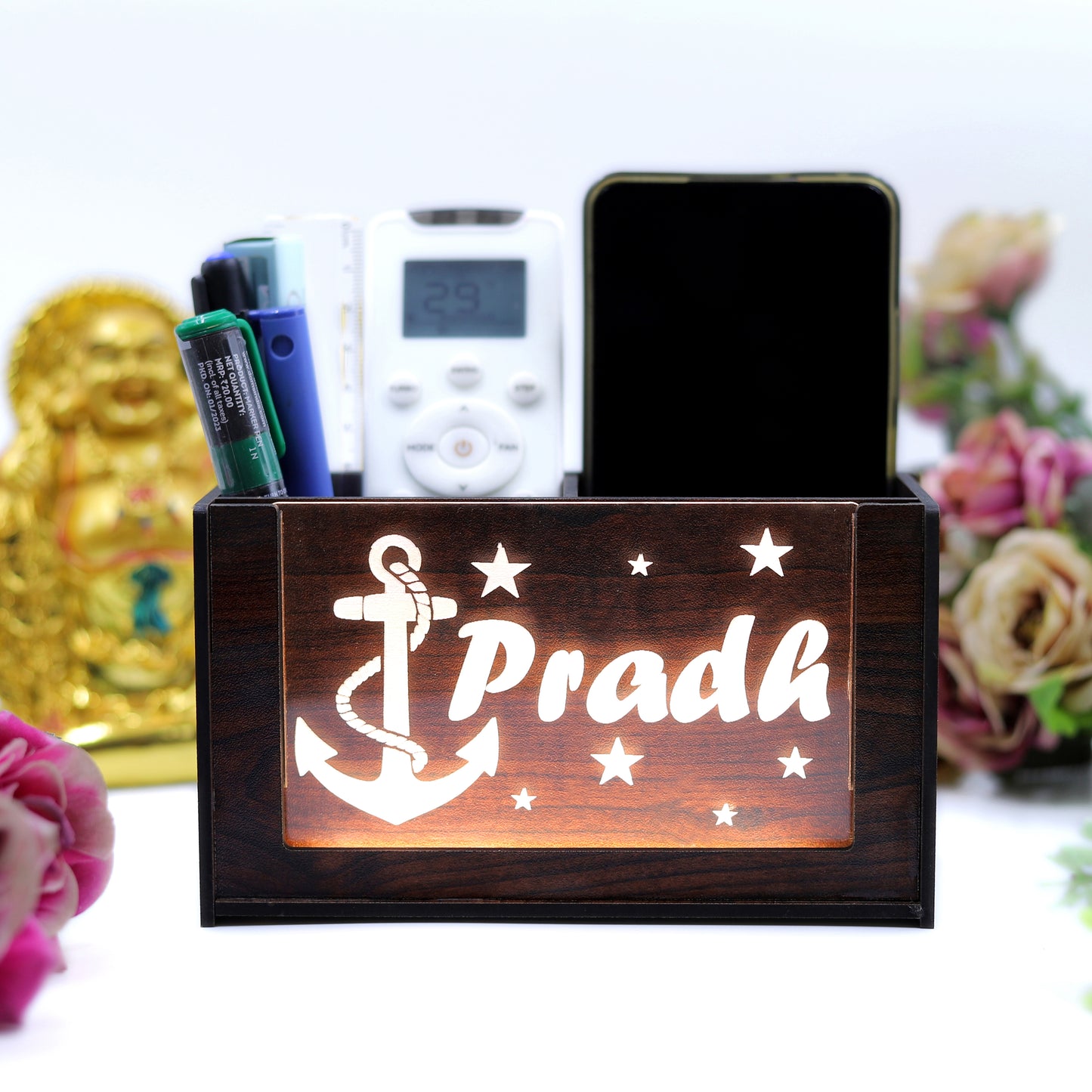 Desk Organizer with LED Name Lamp | Customized Gift for Men, Women, Teachers, Doctors, Dad, Husband | Pen Holder, Table Lamp | Personalized Birthday Gift | Office Organizer - Two Box