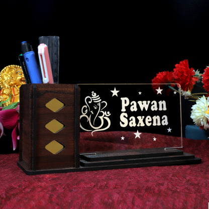 Desk Organizer with LED Name Lamp | Customized Gift for Men, Women, Teachers, Doctors, Dad, Husband | Pen Holder, Table Lamp | Personalized Birthday Gift | Office Organizer - Large Plate