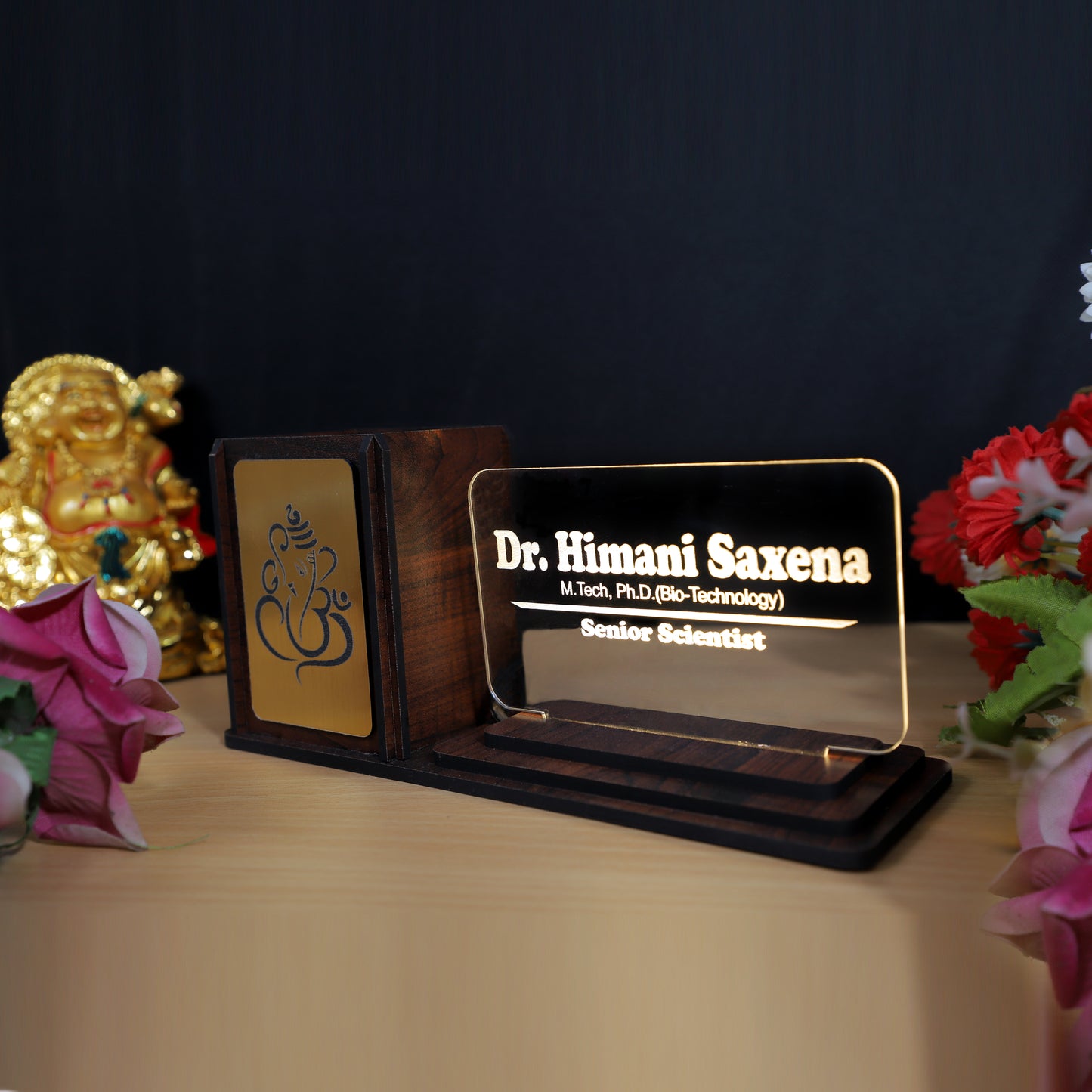 Desk Organizer with LED Name Lamp | Customized Gift for Men, Women, Teachers, Doctors, Dad, Husband | Pen Holder, Table Lamp | Personalized Birthday Gift | Office Organizer - Gold Emblem