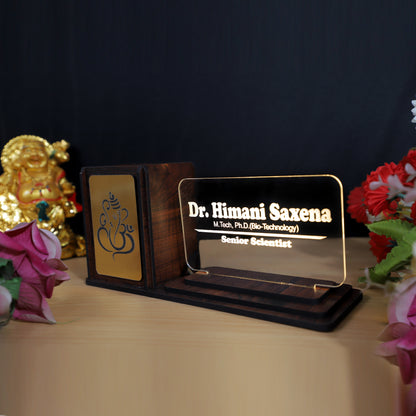Desk Organizer with LED Name Lamp | Customized Gift for Men, Women, Teachers, Doctors, Dad, Husband | Pen Holder, Table Lamp | Personalized Birthday Gift | Office Organizer - Gold Emblem