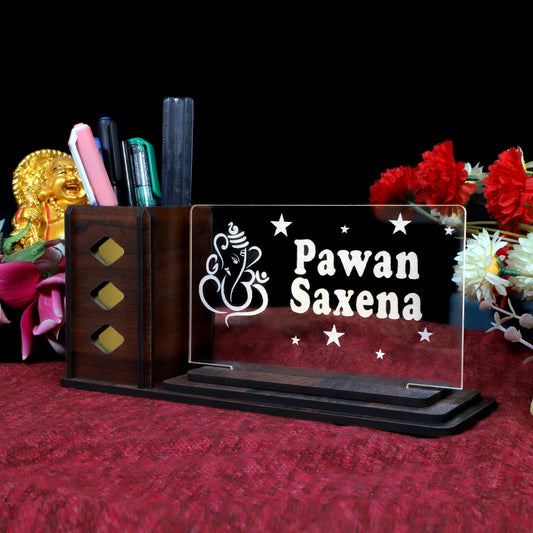 Desk Organizer with LED Name Lamp | Customized Gift for Men, Women, Teachers, Doctors, Dad, Husband | Pen Holder, Table Lamp | Personalized Birthday Gift | Office Organizer - Large Plate