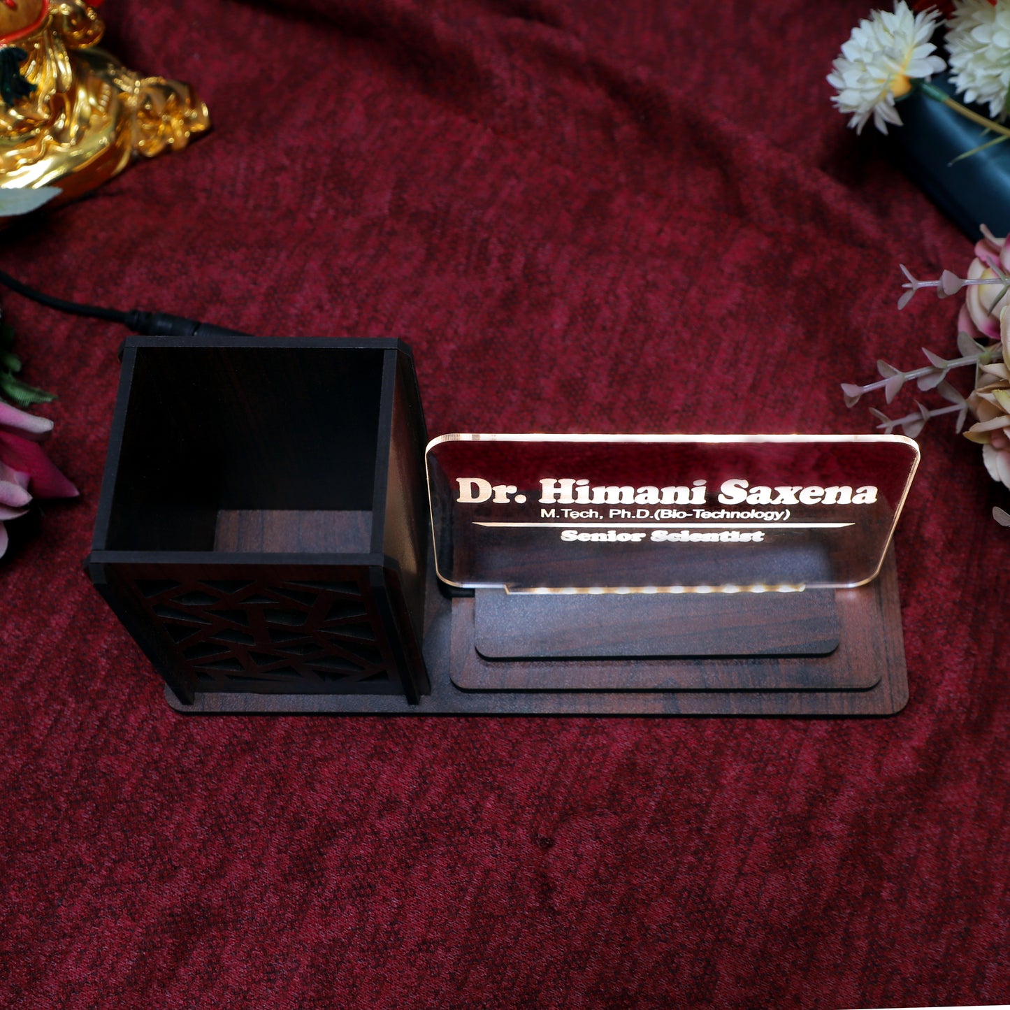 Desk Organizer with LED Name Lamp | Customized Gift for Men, Women, Teachers, Doctors, Dad, Husband | Pen Holder, Table Lamp | Personalized Birthday Gift | Office Organizer - Jali Box