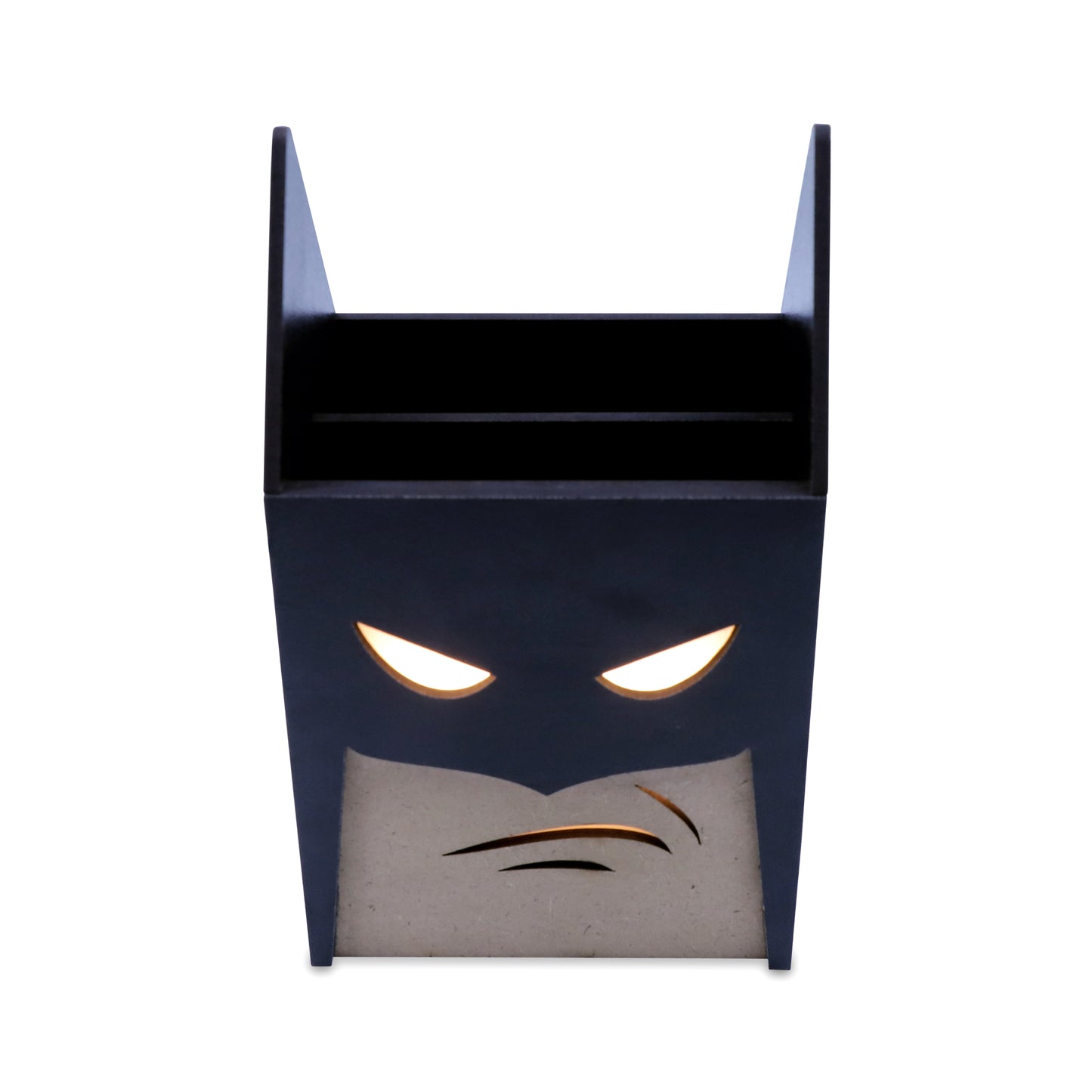 LED Glow Batman Pen Stand | Multipurpose Wooden Desk Organizer and Pencil Holder | Stationary, Remote & Brush Holder for Kids, Office & Study Table