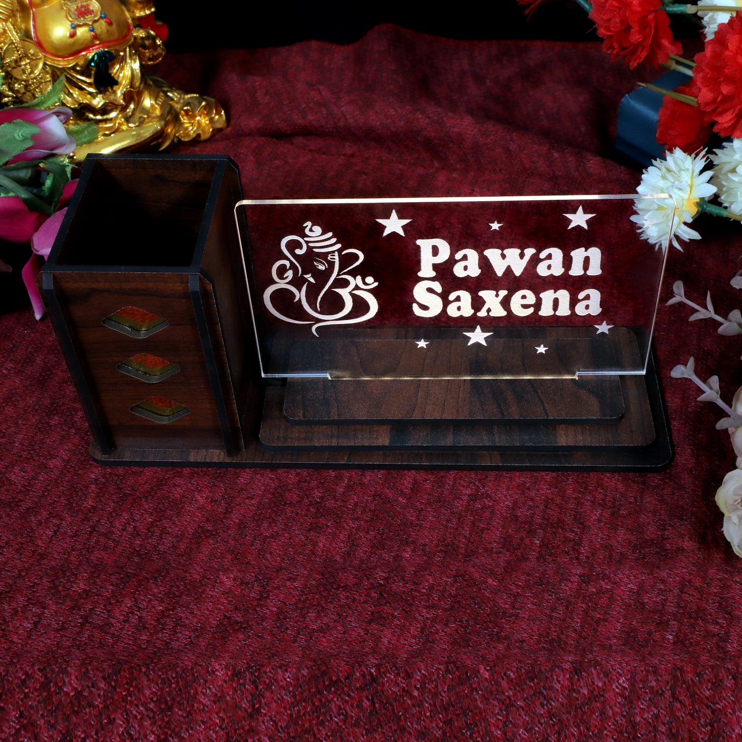 Desk Organizer with LED Name Lamp | Customized Gift for Men, Women, Teachers, Doctors, Dad, Husband | Pen Holder, Table Lamp | Personalized Birthday Gift | Office Organizer - Large Plate