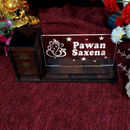 Desk Organizer with LED Name Lamp | Customized Gift for Men, Women, Teachers, Doctors, Dad, Husband | Pen Holder, Table Lamp | Personalized Birthday Gift | Office Organizer - Large Plate