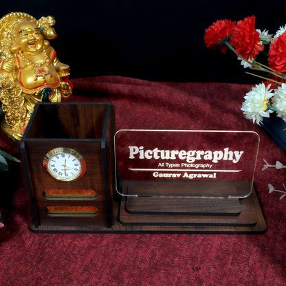 Desk Organizer with LED Name Lamp | Customized Gift for Men, Women, Teachers, Doctors, Dad, Husband | Pen Holder, Table Lamp | Personalized Birthday Gift | Office Organizer - With Watch