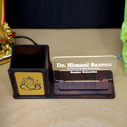 Desk Organizer with LED Name Lamp | Customized Gift for Men, Women, Teachers, Doctors, Dad, Husband | Pen Holder, Table Lamp | Personalized Birthday Gift | Office Organizer - Gold Emblem