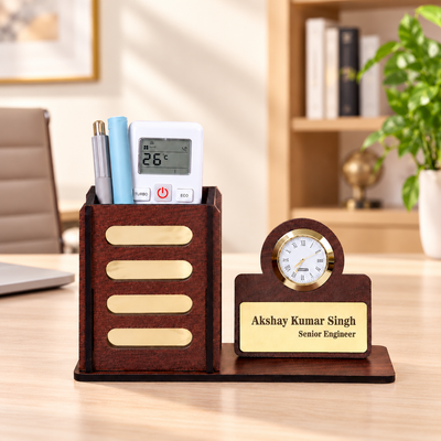 Personalized Wooden Desk Organizer with Clock & Name Plate | Executive Office Desk Pen Stand & Custom Gift