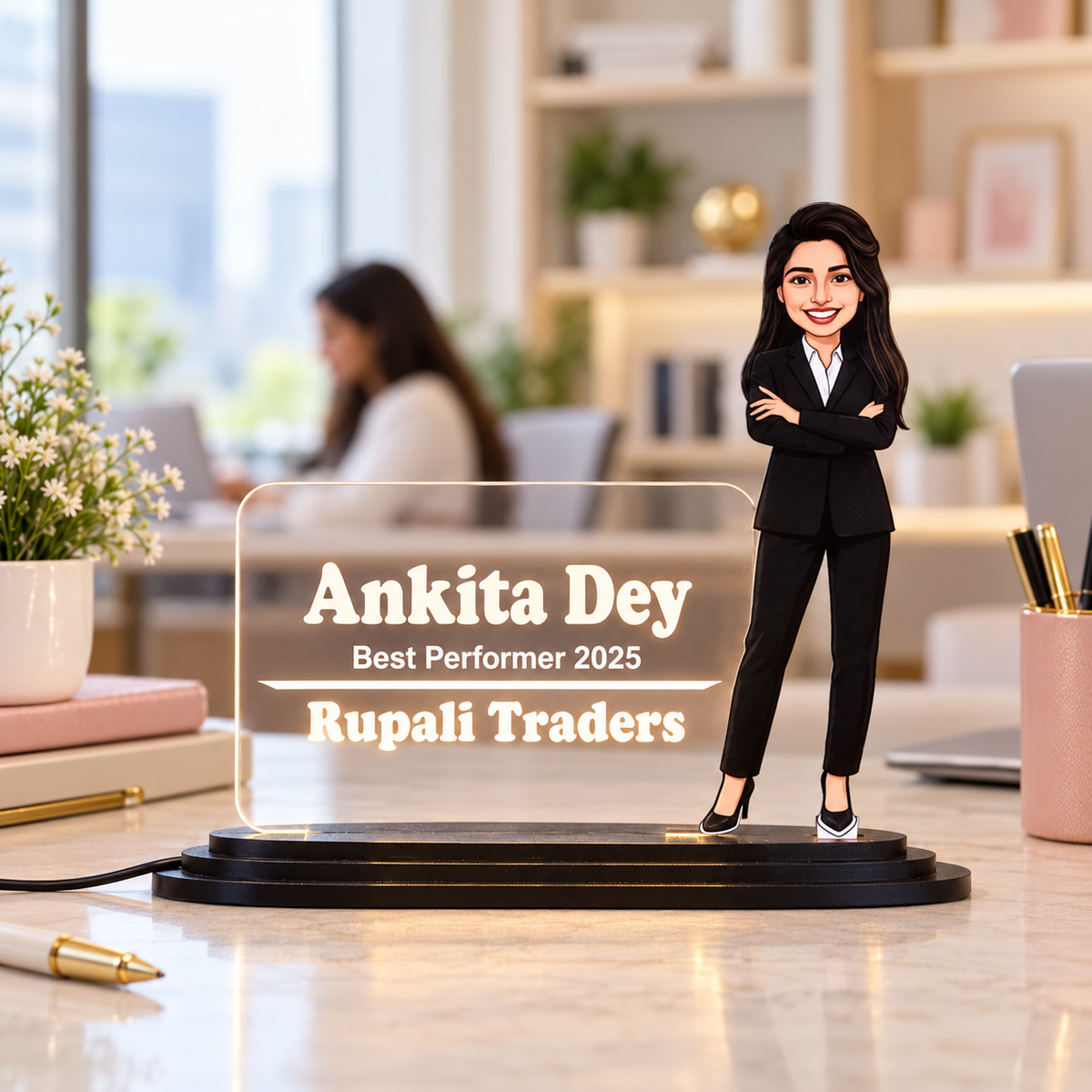 Personalized Professional Woman Caricature LED Name Plate – Custom Photo Award Desk Plate for Employee Recognition