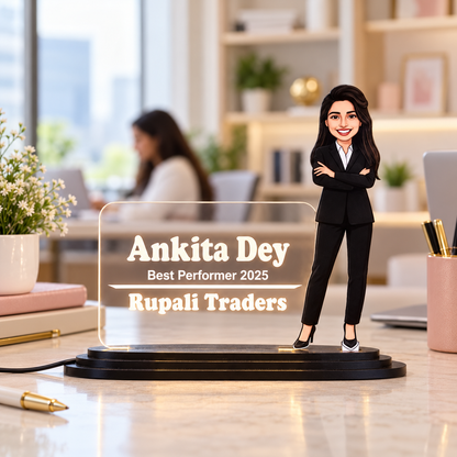 Personalized Professional Woman Caricature LED Name Plate – Custom Photo Award Desk Plate for Employee Recognition